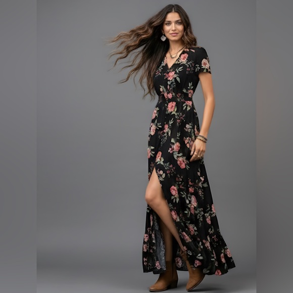 Black Boho Rose Floral Print Button Front Split Thigh Dress - Picture 3 of 14